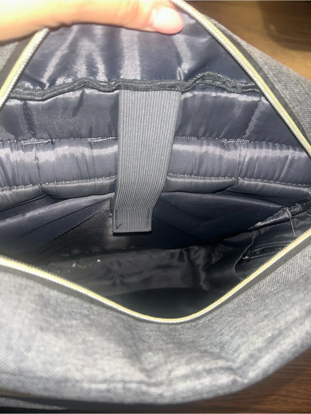 Gray Canvas Backpack with Tan / gold Accents with gold hardware - laptop